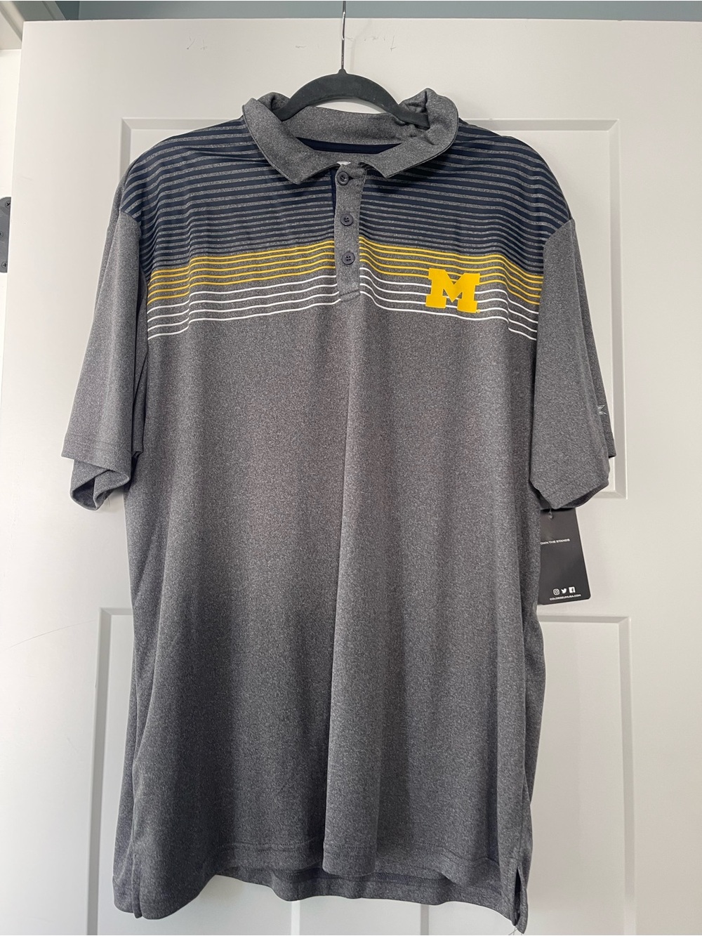 Men's Gray Polo Shirt with Yellow Stripe and Michigan